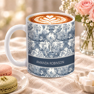 Vintage Blue Floral Damask Toile de Jouy Monogram Coffee Mug