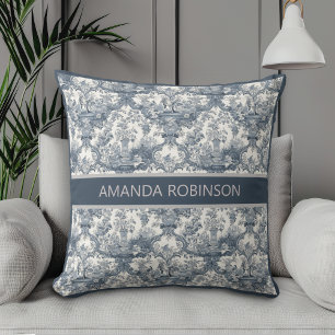 Vintage Blue Floral Damask Toile de Jouy Monogram Cushion