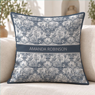 Vintage Blue Floral Damask Toile de Jouy Monogram Cushion