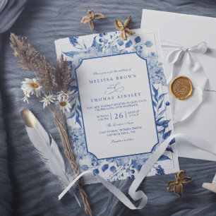 Vintage Blue Floral Elegant Modern Chic Wedding Invitation