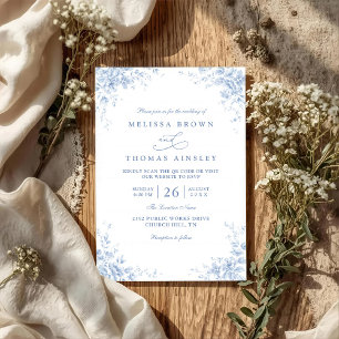 Vintage Blue Floral Elegant Modern QR Code Wedding Invitation