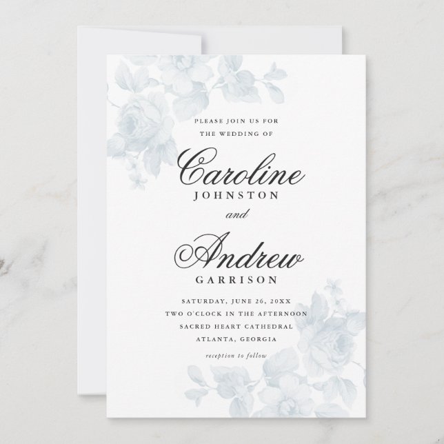 Vintage Blue Floral Elegant Script Wedding Invitation (Front)