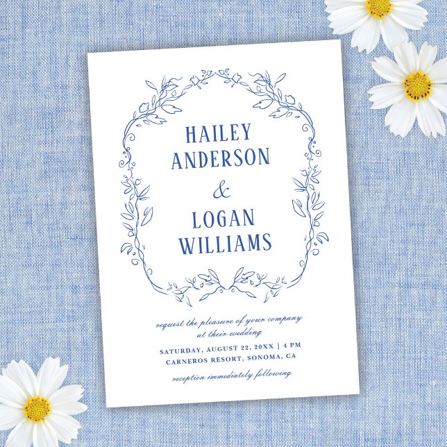 Vintage Blue Floral Frame Elegant Wedding Invitation (Creator Uploaded)