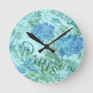 Vintage Blue Floral French Paris Postmark Pattern Round Clock