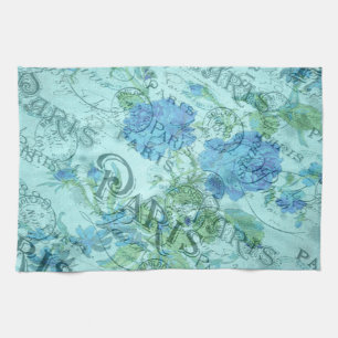 Vintage Blue Floral French Paris Postmark Pattern Tea Towel