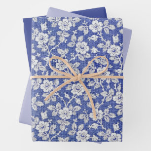 Vintage blue floral lace botanical pattern wrapping paper sheet