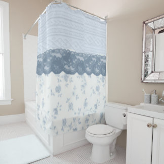 Vintage Blue Floral Lace Elegant Bathroom Decor Shower Curtain
