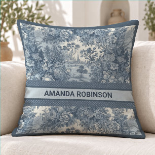 Vintage Blue Floral Lake Toile Monogram Cushion