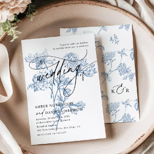 Vintage Blue Floral Modern Script Wedding Invitation