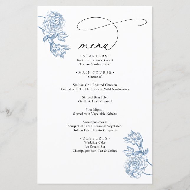 Vintage Blue Floral Modern Script Wedding Menu (Front)