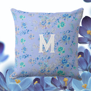 Vintage Blue Floral Monogram Cushion