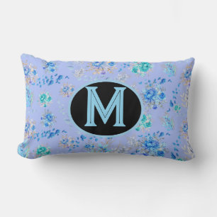Vintage Blue Floral Monogram Lumbar Cushion