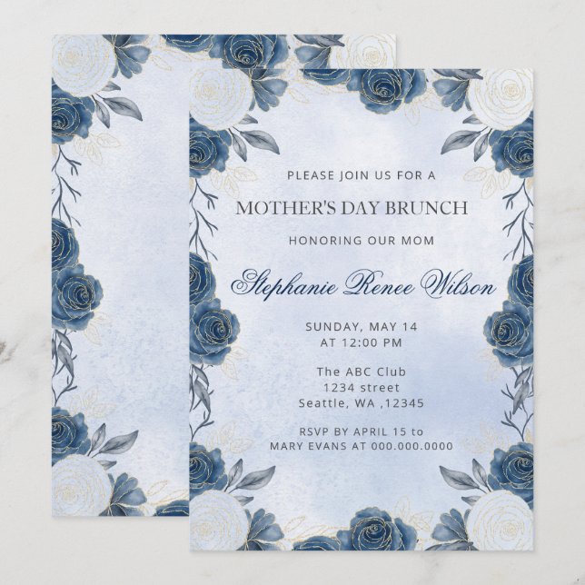 Vintage Blue Floral Mother's Day Brunch  Invitation (Front/Back)
