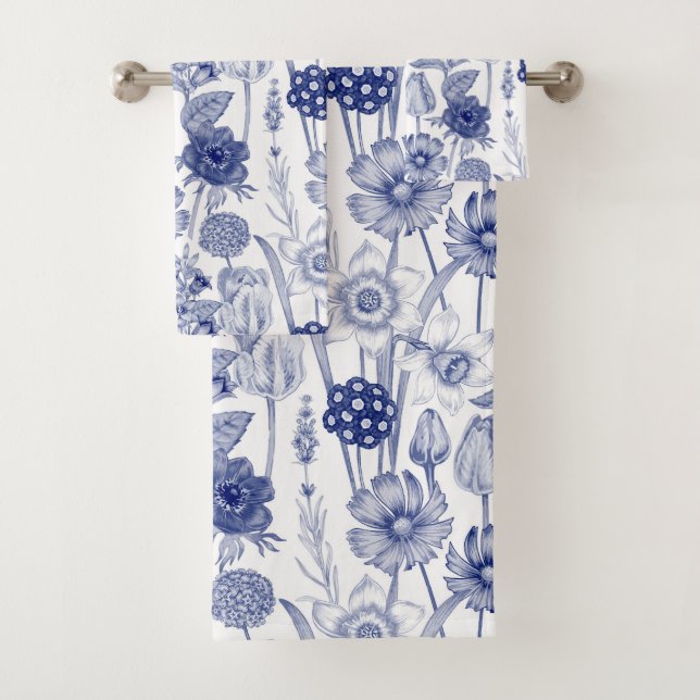 Vintage blue floral pattern bath towel set (Insitu)