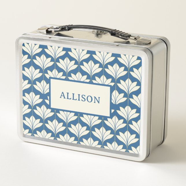Vintage Blue Floral Pattern Name  Metal Lunch Box (Back)