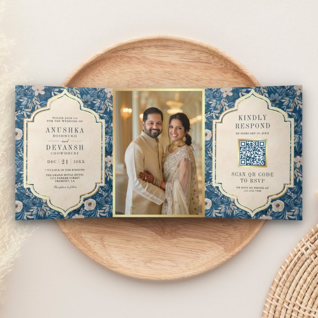 Vintage Blue Floral Pattern QR Code Indian Wedding Tri-Fold Invitation (Creator Uploaded)