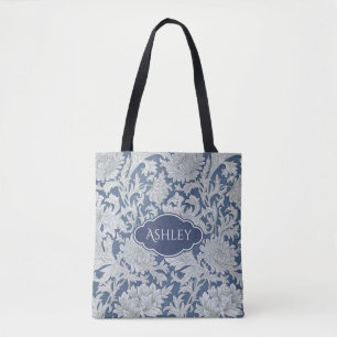 Vintage Blue Floral Pattern with Monogram Tote Bag