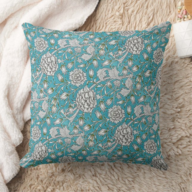 Vintage Blue Floral Silver Foliage Flowers Cushion (Blanket)