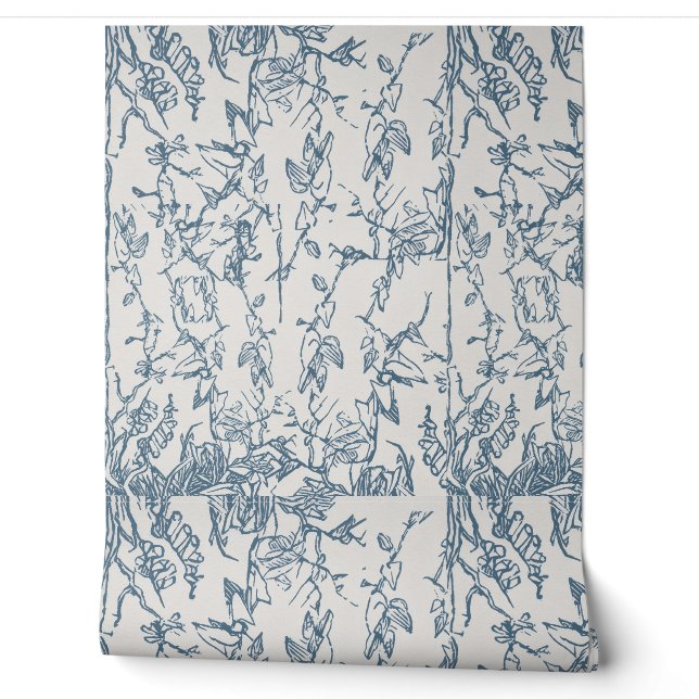 Vintage Blue Floral Sketch Pattern Wallpaper (Unrolling)