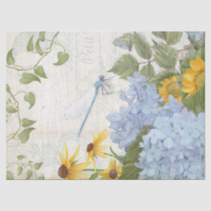 Vintage Blue Floral Sunflower W Dragonfly N Script Tissue Paper