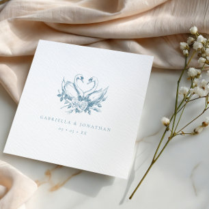 Vintage Blue Floral Swans Wedding Napkin