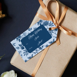 Vintage Blue Floral Toile Birthday Gift Tags