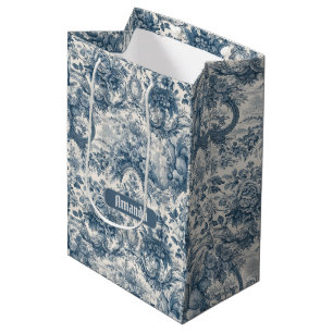 Vintage Blue Floral Toile de Jouy Monogram Medium Gift Bag