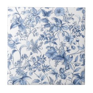 Vintage Blue Floral Toile Elegant Tile