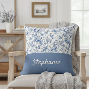 Vintage Blue Floral Toile Monogram Cushion