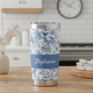 Vintage Blue Floral Toile Monogram Insulated Tumbler