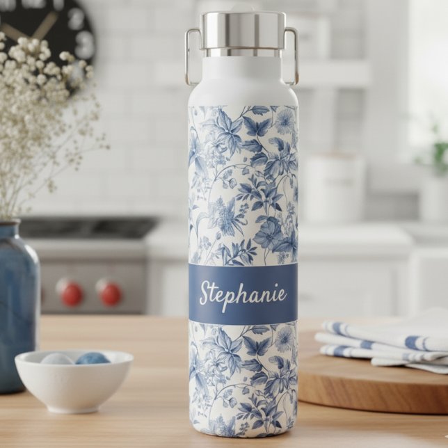 Vintage Blue Floral Toile Monogram Water Bottle (Creator Uploaded)
