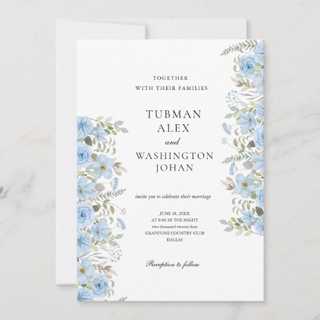 Vintage Blue Floral Wedding Invitation (Front)