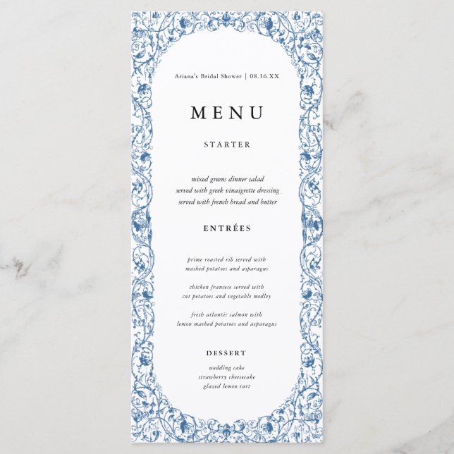 Vintage Blue Floral Wedding Menu Cards (Front)