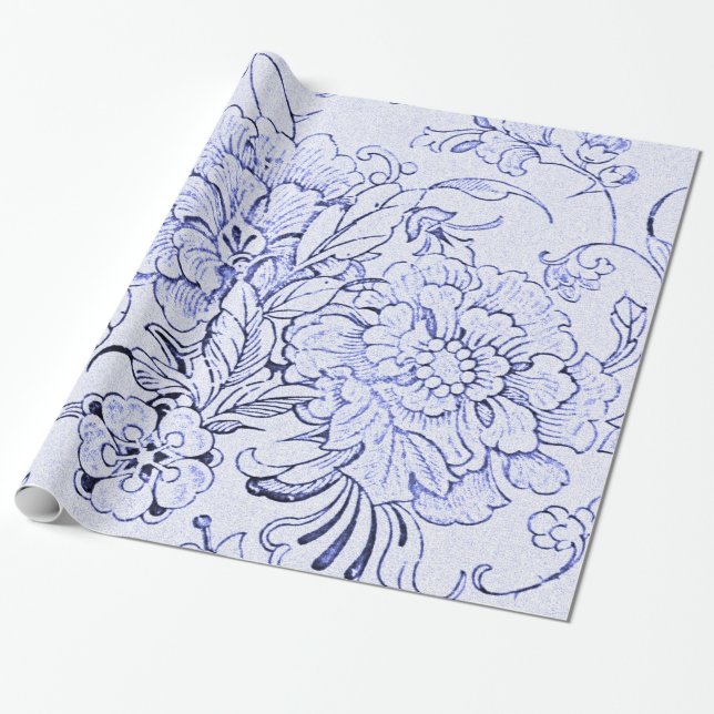 Vintage Blue Floral Wrapping Paper (Unrolled)