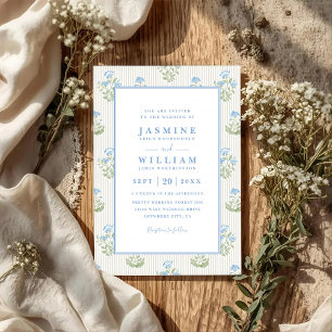 Vintage Blue Florals Patterned QR Code Wedding Invitation