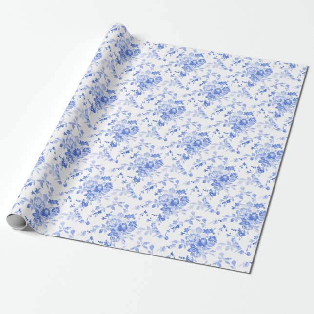 Vintage Blue Flower Floral Pattern Wrapping Paper (Unrolled)
