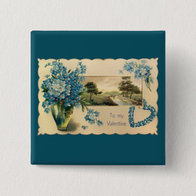 Vintage Blue Flower Valentine Button (Front)