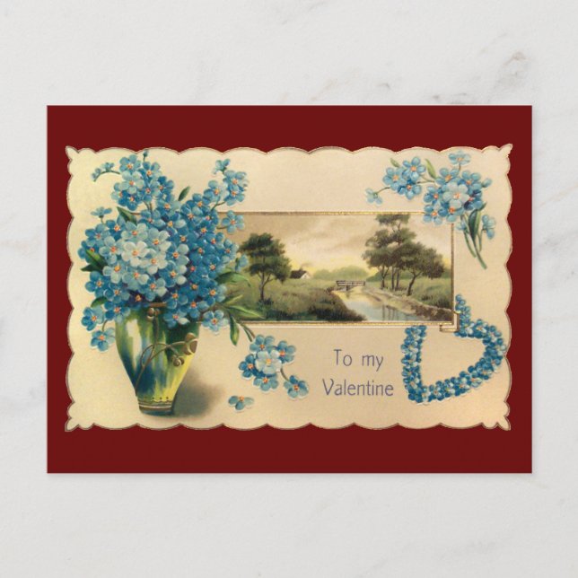 Vintage Blue Flower Valentine Postcard (Front)