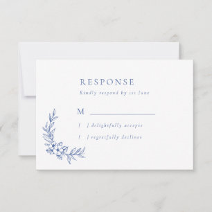 Vintage Blue Flowers & Leaves Wedding RSVP Card