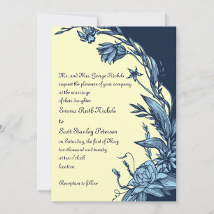 Vintage blue flowers on pale yellow wedding invitation