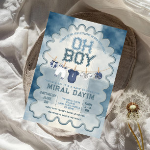 Vintage Blue Football Oh Boy Baby Shower Invitation