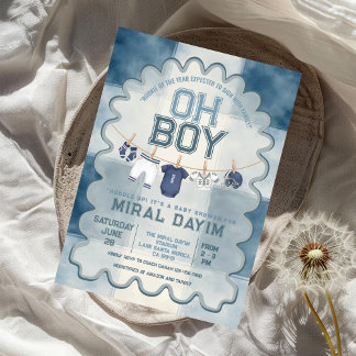 Vintage Blue Football Oh Boy Baby Shower Invitation
