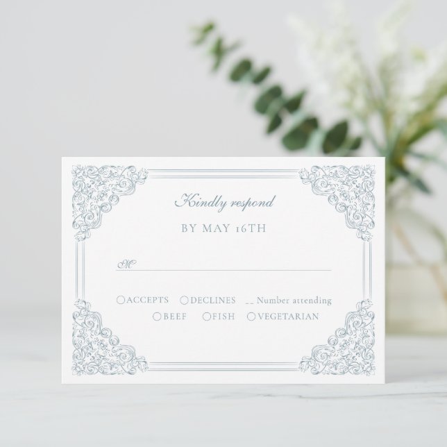 Vintage Blue Frame Elegant Script Wedding   RSVP Card (Standing Front)