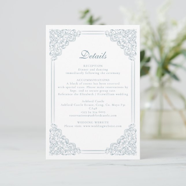 Vintage Blue Frame Elegant Wedding Details  Enclosure Card (Standing Front)