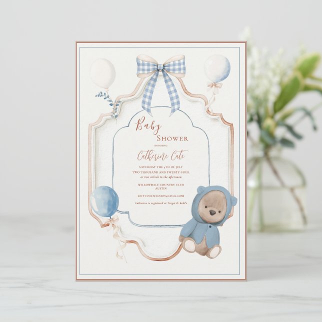 Vintage Blue Frame Rustic Bear Balloons Baby Invitation (Standing Front)