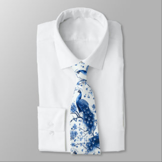 Vintage Blue French Chinoiserie Watercolor Peacock Tie