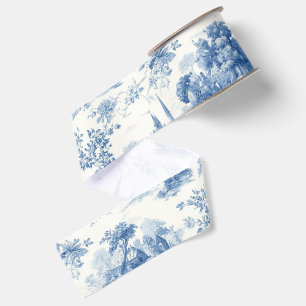  Vintage blue french toile de Jouy Floral pattern Grosgrain Ribbon