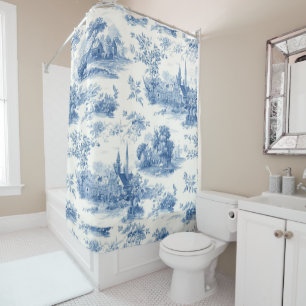Vintage blue french toile Jouy Floral pattern Shower Curtain