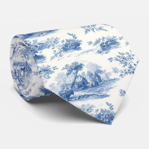 Vintage blue french toile Jouy Floral pattern Tie
