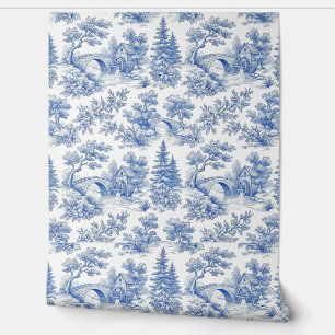 Vintage Blue French Toile Woodland Landscape Wallpaper